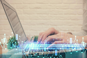 Fototapete - Double exposure of woman hands working on computer and data theme hologram drawing. Tech concept.