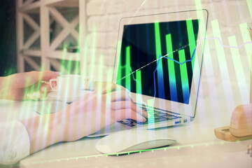 Aufkleber - Double exposure of woman hands typing on computer and forex chart hologram drawing. Stock market analysis concept.