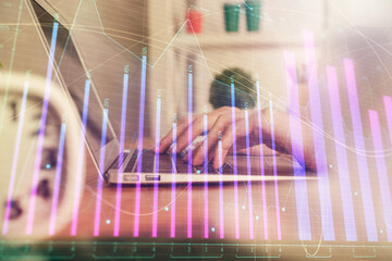 Aufkleber - Double exposure of woman hands typing on computer and forex chart hologram drawing. Stock market invest concept.