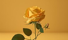  A Single Yellow Rose With Green Leaves On A Yellow Background With A Yellow Background And A Yellow Wall In The Background With Only One Flower.  Generative Ai