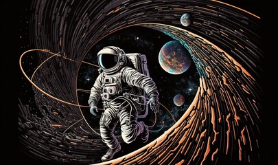  an astronaut walking through a tunnel of space between two earth like objects, with the moon in the distance and the earth in the background.  generative ai