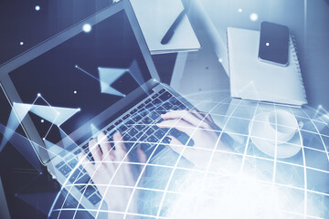 Aufkleber - Double exposure of woman hands working on computer and world map hologram drawing. International technology business concept.