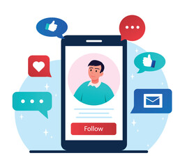 Poster - social media concept. avatar of man on smartphone screen. communication on internet and instant mess