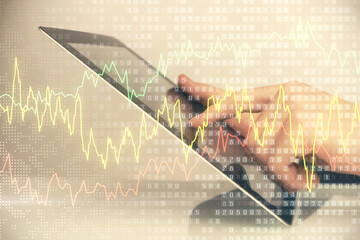 Aufkleber - Multi exposure of man's hands holding and using a digital phone and forex graph drawing. Financial market concept.