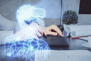 Poster - Double exposure of man's hands holding and using a digital device and AR glasses drawing. Virtual reality concept.