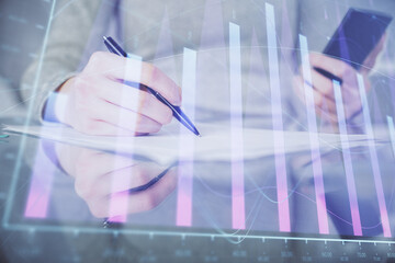 Aufkleber - Double exposure of forex chart sketch hologram and woman holding and using a mobile device. Financial market concept.