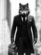 Man in the form of a wolf with Suit and tie , The wolf person , animal face isolated black 	