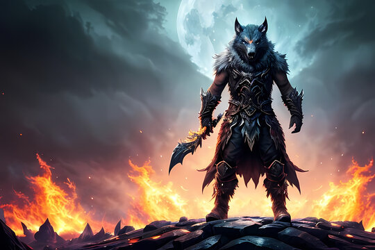 wolf evil werewolf , splash art wearing armor , animal night . generative ai