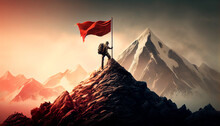Reaching Your Goals Concept, Mountain Climber Following Path To Flag On Top Of Mountain. Generative AI
