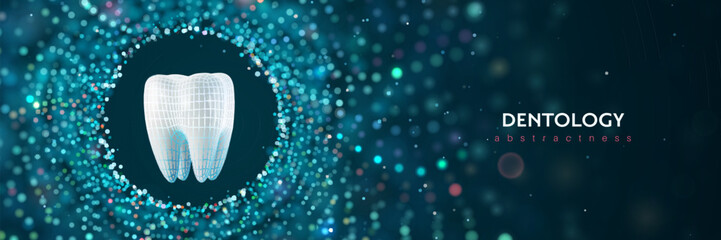 Dental exam innovation science research. 3d vector tooth with wireframe on abstract light dots background.