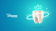 Tooth protection with crown 3d vector illustration. Teeth dentistry banner on blue background. Stomatology advertising web banner template.