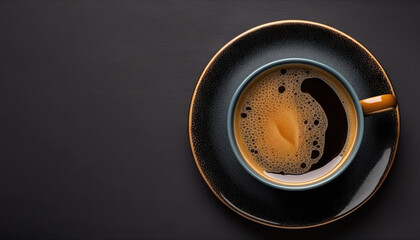 Cup of delicious coffee on sark background, view from above. Copy space. Based on Generative AI