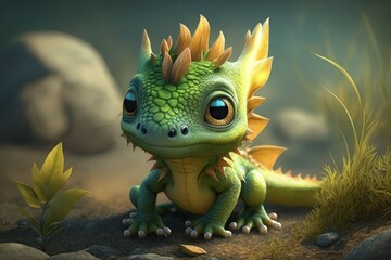 Wall Mural - Cute adorable baby dragon, selective focus. AI generated, human enhanced