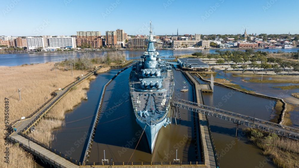 Aerial view of the USS North Carolina Battleship. Stock Photo | Adobe Stock