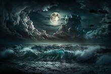 Night Marine Fantasy Landscape With Beautiful Waves And A Full Moon. AI Generated