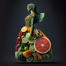 Illustration Of Woman Silhouette Made Of Fruits And Vegetables On Dark Background