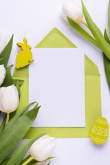 Wall Mural - Template for Easter greeting card. Blank card with an envelope and bouquet of white tulips