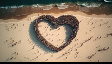 Huge Crowd Of People Forming A Heart On The Beach Created With Generative AI Technology