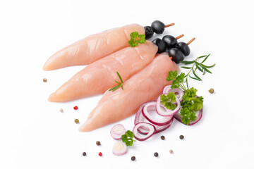 Wall Mural - Uncooked Chicken meat,kebab on skewers.Skewers of raw meat and vegetables.Top view.Chicken Skewers breast fillet meat.Raw chicken inner on skewers with olives with spices,herbs on white background.