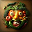 Flat lay of realistic looking vegetables forming a smiley face with broccoli hair and tomato eyes