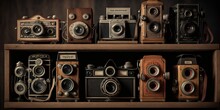 Impressive Collection Of Vintage Cameras Displayed On Wooden Shelf With Carefully Maintained, Concept Of Collectible And Retro, Created With Generative AI Technology
