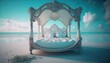 Paradise Caribbean white honeymoon love beach with a festive marriage bed created with generative ai technology