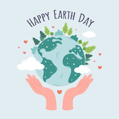 Happy Earth Day. Planet Earth with trees, fir trees, bushes, clouds. Caring for nature and environment. Ecological awareness. Save our planet. Vector illustration in flat style