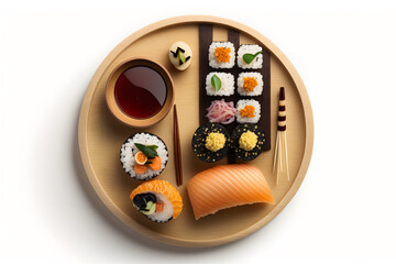 Japanese seafood sushi and maki on wooden plate Top view, White isolated background. Generative AI