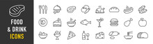 Food And Drink Web Icon Set In Line Style. Meal, Restaurant, Dishes, Fruits, Fastfood, Burger, Pizza, Coffee, Sandwich, Collection. Vector Illustration.
