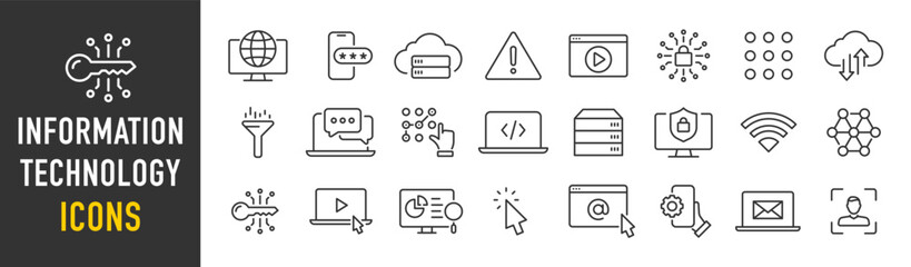 Poster - information technology web icon set in line style. network, web design, website, computer, software,