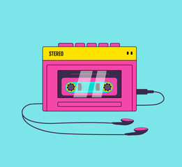 Retro audio player in memphis style. Tape recorder, cassette vector illustration. Nostalgia for 90s.