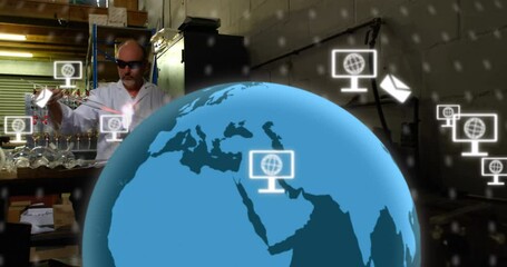 Poster - Animation of icons and data processing over globe and caucasian male scientist