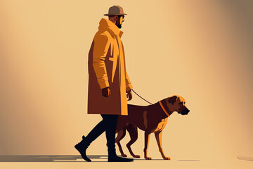 Art illustration concept of a man walking his dog. Generative AI.