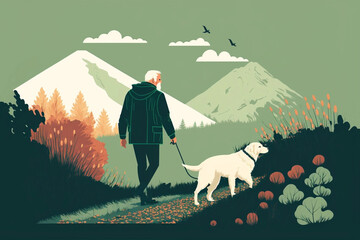 Art illustration concept of a man walking his dog. Generative AI.