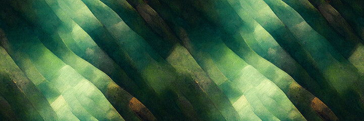 Abstract panoramic background. Texture with diagonal blurred wavy stripes in shades of green, inspired by nature. Wide texture background with seamless pattern. Great for design. Generative AI.