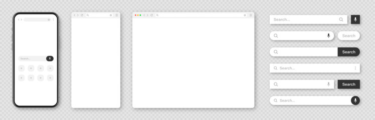 Fototapete - Smartphone, blank internet browser window with various search bar templates. Web site engine with search box, address bar and text field. UI design, website interface elements. Vector illustration