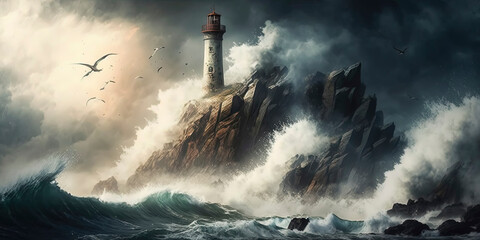 old lighthouse on the rocky shore, being hit by wild waves under the storm, with birds in the sky