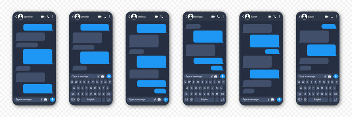 Messaging app design, user interface. Blank SMS text frame. Conversation chat screen with blue message bubbles. Social media application. Vector illustration.