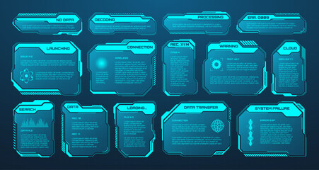 Poster - blue futuristic hud or ui elements. sci-fi user interface text boxes, callouts. warning message fram