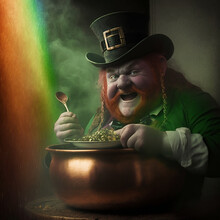 St Patricks Day Leprechaun In A Pot Of Gold, Made With Generative AI