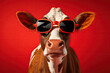 Funny cow with sunglasses in front of red studio background, concept of Humor and Colorful, created with Generative AI technology