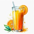Glass of orange juice. Watercolor illustration of a juicy cocktail decorated with mint and orange. Generative AI art.