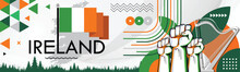 Ireland National Day Banner With Irish Flag Colors Theme Background And Geometric Abstract Retro Modern Green Orang White Design. Irish Harp And Map Icon, Celebration Of St Patrick's Day. Illustration