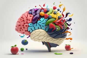 Various Fruits forming a creative brain, Eating healthy food as nutrition to improve memory and thinking. Generative ai