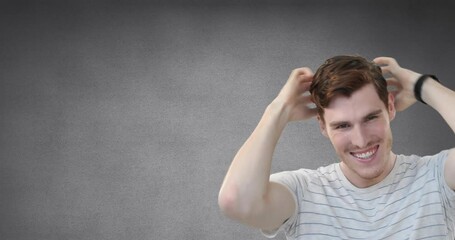 Poster - Animation of caucasian man laughing against copy space on grey background