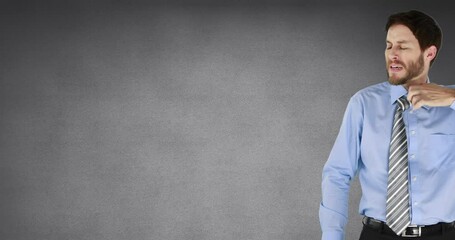 Poster - Animation of caucasian man loosening his tie against copy space on grey background
