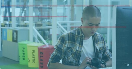 Poster - Animation of data processing over biracial male photographer using digital camera and computer