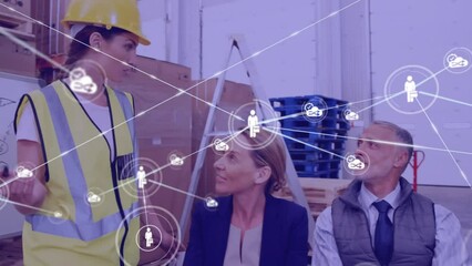 Poster - Animation of network of profiles over diverse supervisors and workers discussing over whiteboard