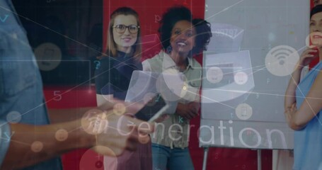Poster - Animation of 5g text and network of digital icons over diverse colleagues celebrating at office