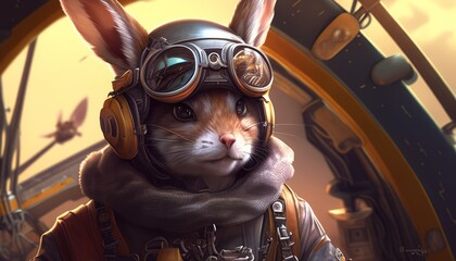 adventurous rabbit pilot digital art illustration, Generative AI